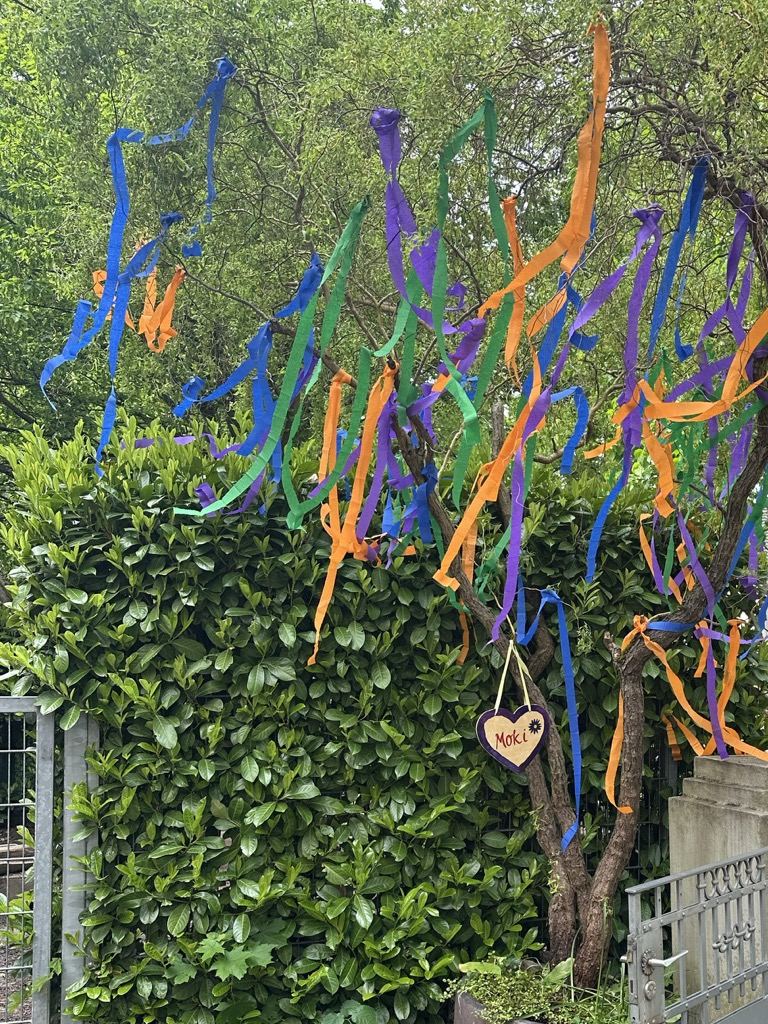 Ein mit bunten Bändern geschmückter Baum am Eingangstor, daran ein Herz mit der Aufschrift „Moki“